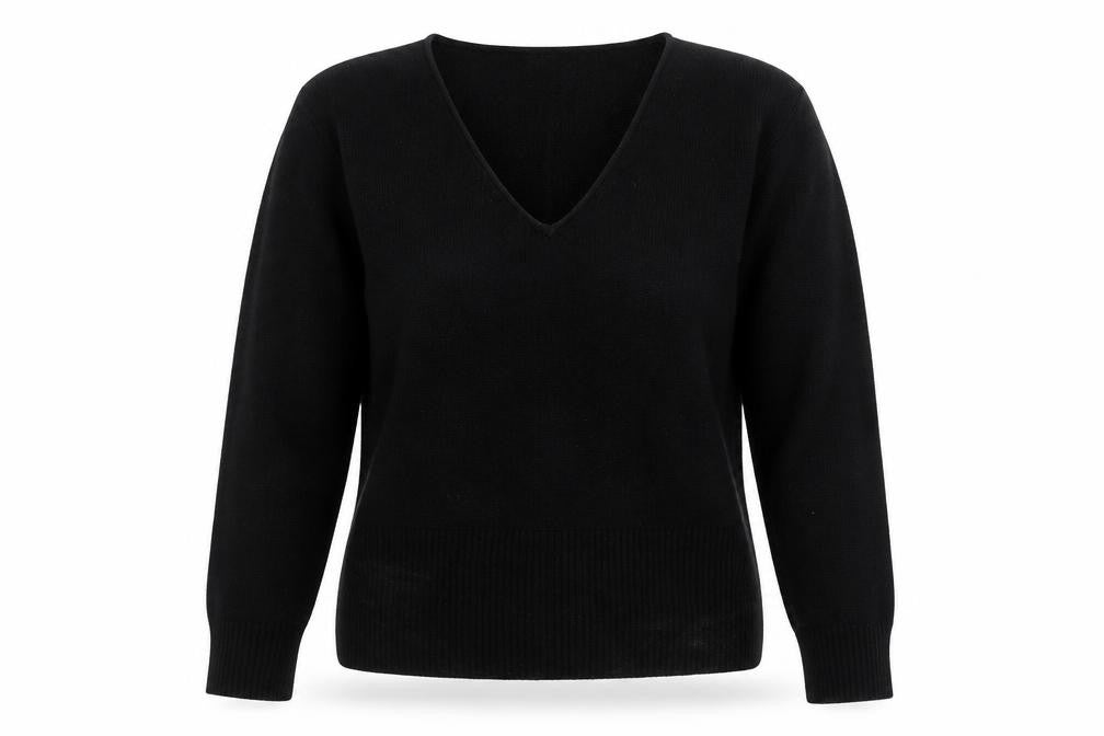 Front view of Internacionale women’s black v-neck acrylic jumper, size UK 14