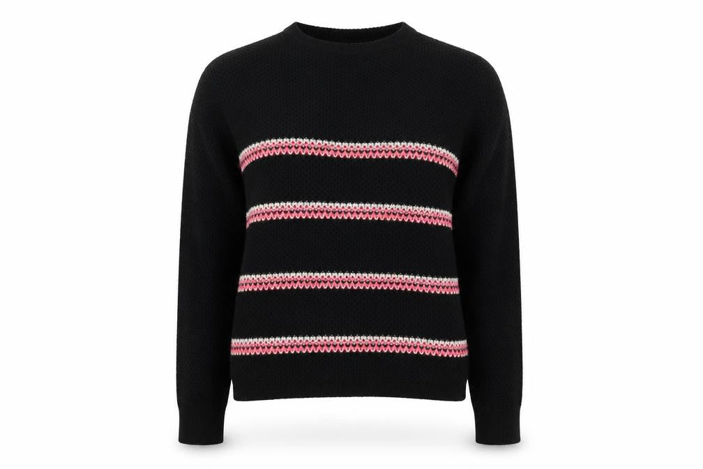 Front view of Select women’s black round neck striped acrylic jumper, size UK 8