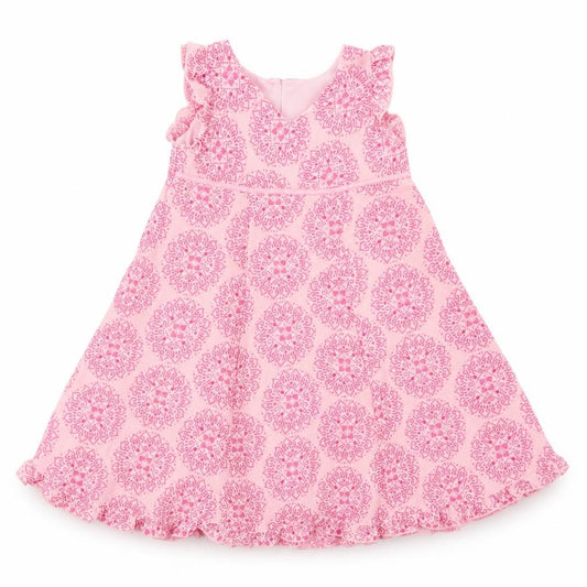 Front view of Mothercare girls’ pink batik polyester a-line, size 12-18, months v-neck button