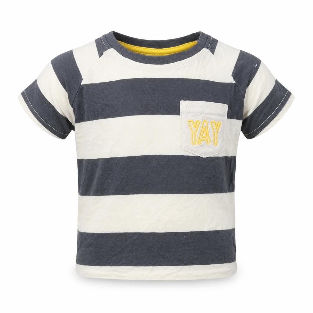 Primark Boys Beige Striped Cotton Basic T-Shirt Size 12-18 Months Crew Neck  - Chest Pocket