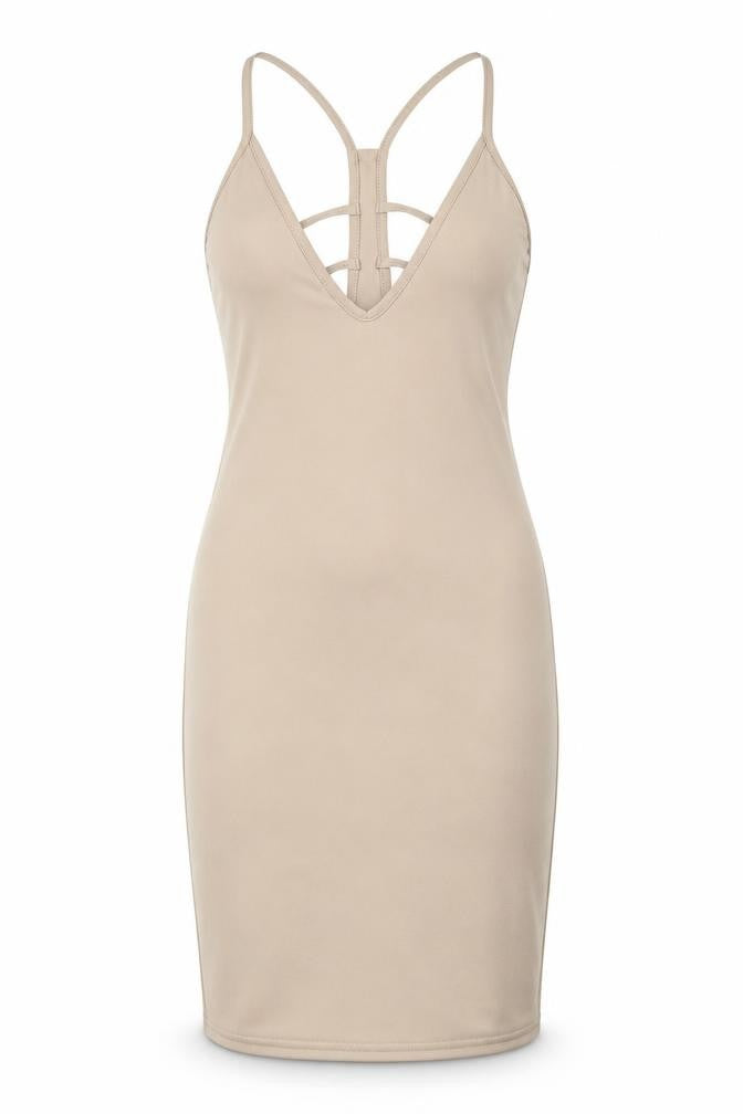 Front view of Chemistry women’s beige polyester a-line, size UK 8, v-neck