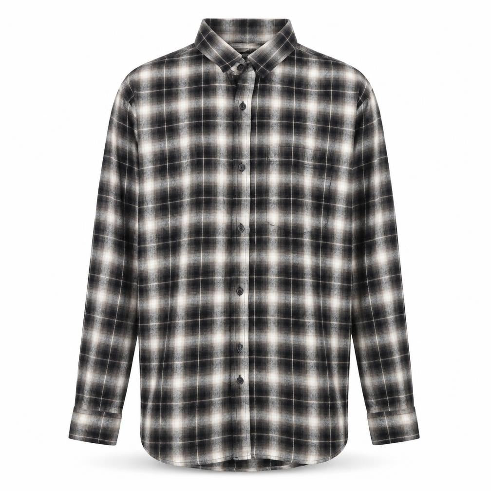 Front view of Forever 21 men’s green plaid cotton button-up, size XS, collared button