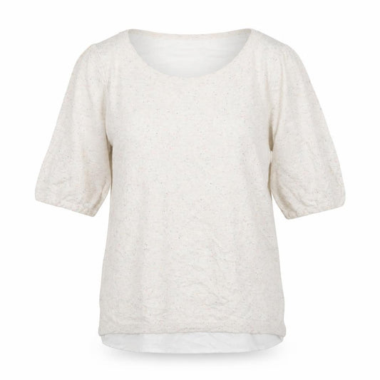 Front view of H&M women’s ivory polyester jersey blouse, size M, round neck - chiffon back