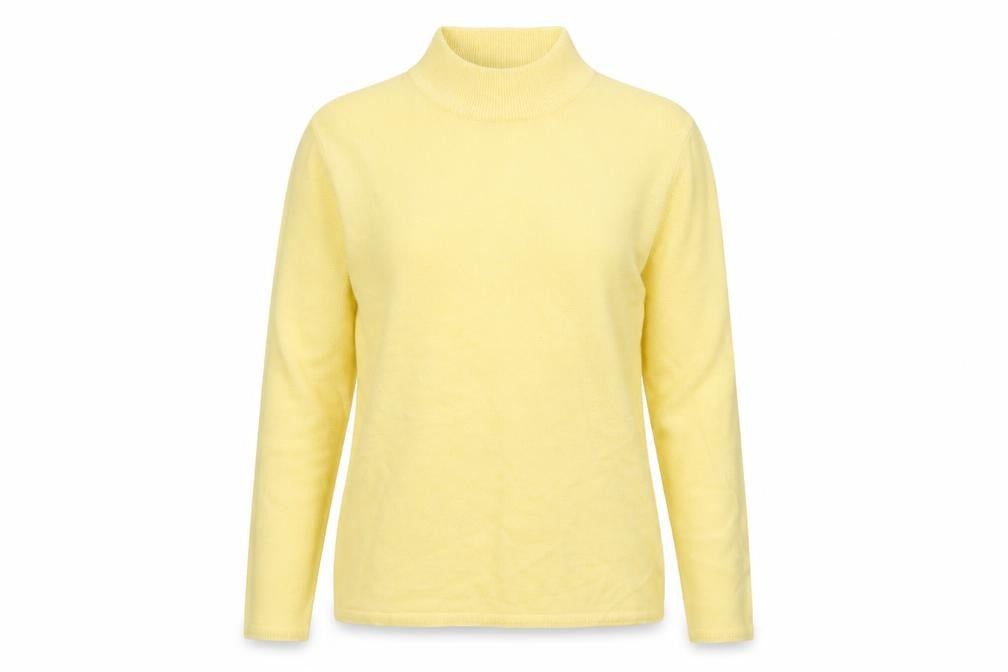 Front view of Bonmarché women’s yellow high neck acrylic jumper, size M