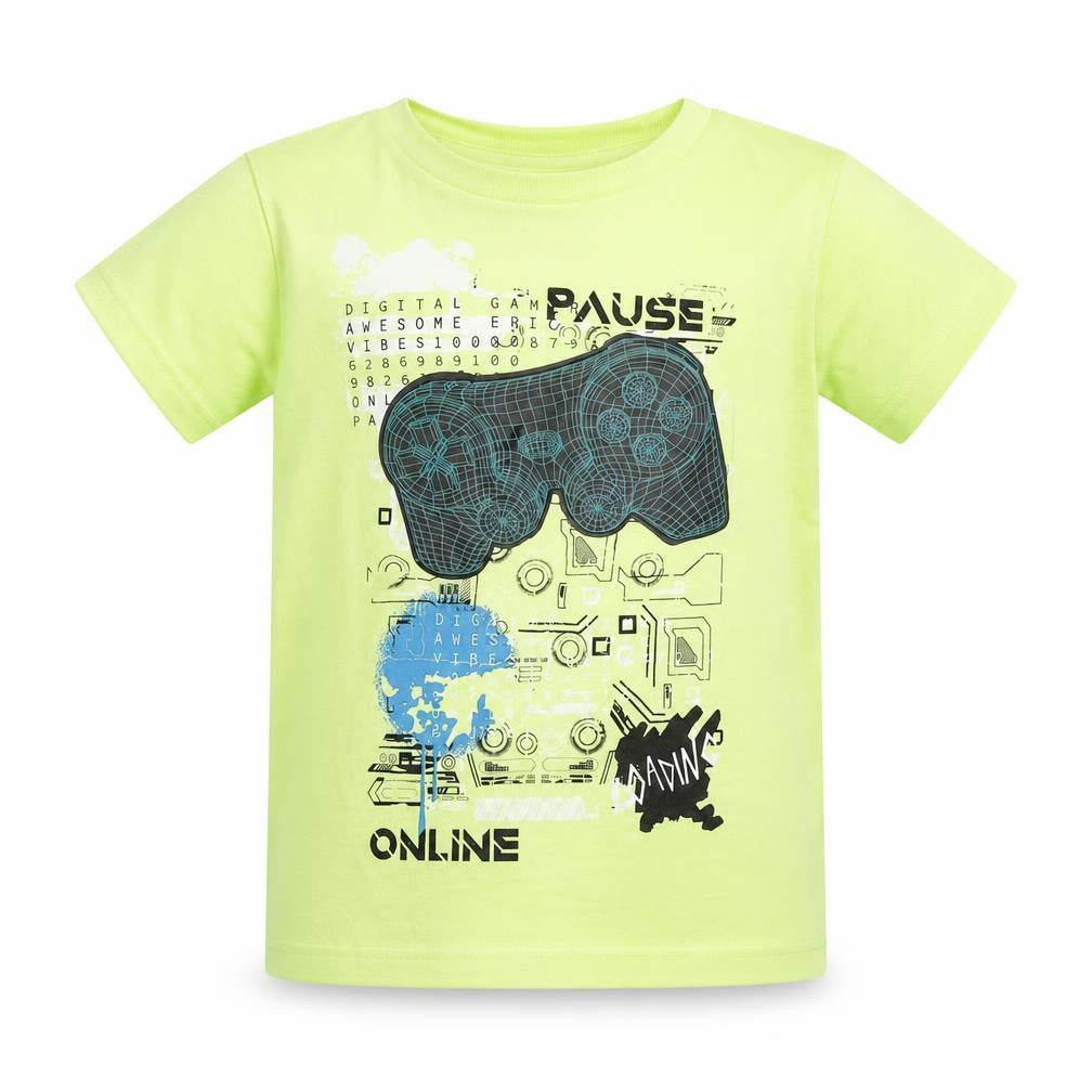 Front view of Matalan boys’ yellow cotton basic t-shirt, size 4, years round neck pullover - gaming