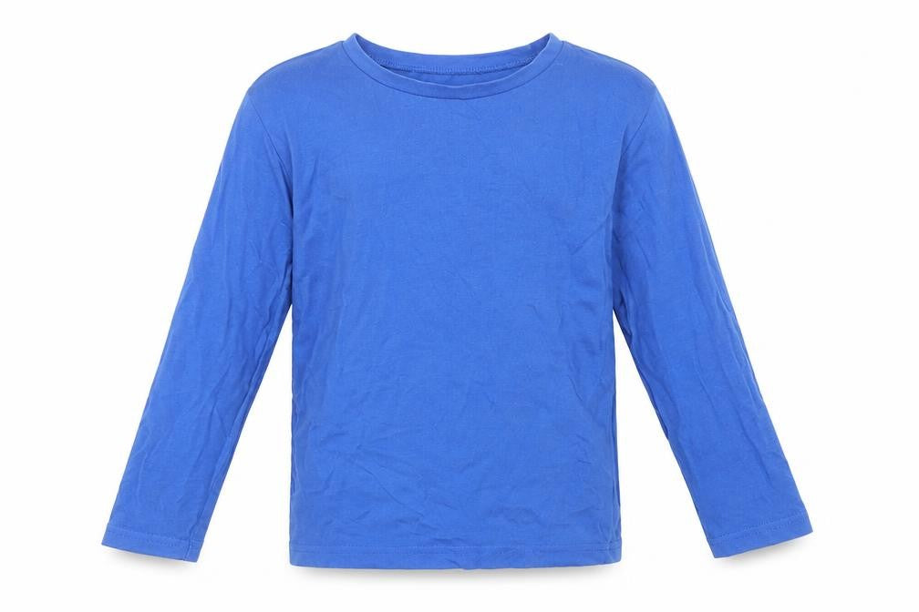 Front view of Dunnes boys’ blue cotton basic t-shirt, size 5, years crew neck pullover