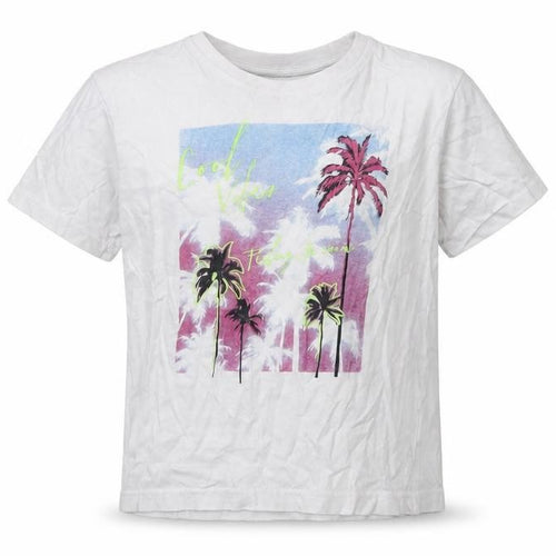 Primark Girls White  Cotton Pullover T-Shirt Size 5-6 Years Crew Neck Pullover - Palm Tree