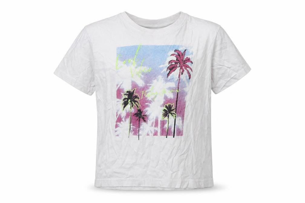 Primark Girls White  Cotton Pullover T-Shirt Size 5-6 Years Crew Neck Pullover - Palm Tree