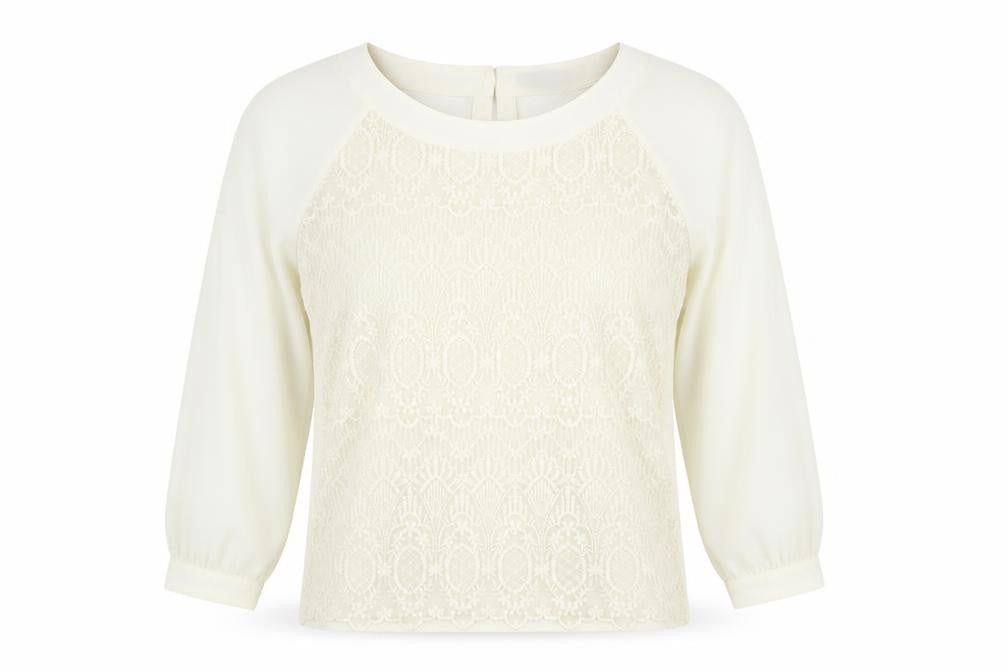 Front view of H&M women’s ivory polyester basic blouse, size UK 10, round neck - lace front detail