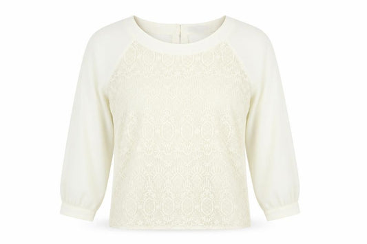 Front view of H&M women’s ivory polyester basic blouse, size UK 10, round neck - lace front detail
