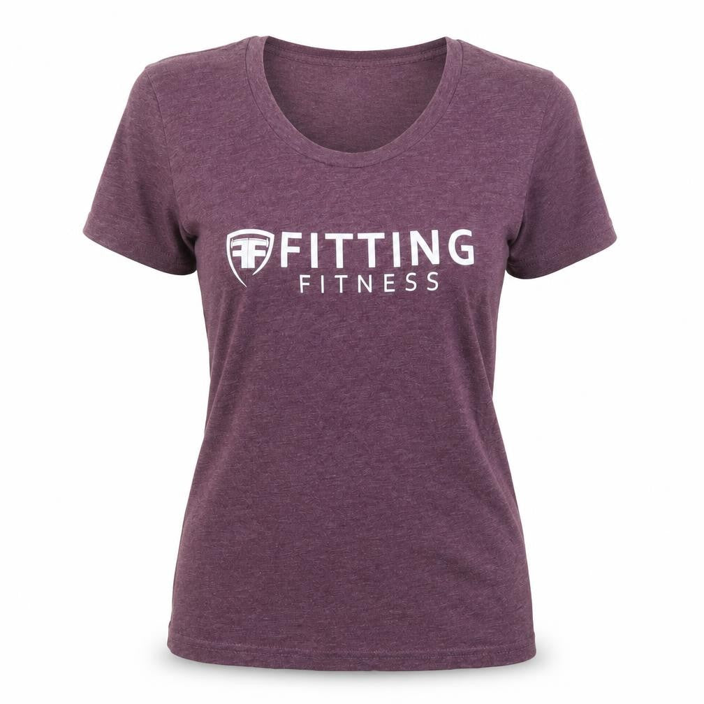 Front view of Fitting Fitness women’s purple polyester basic t-shirt, size M, v-neck