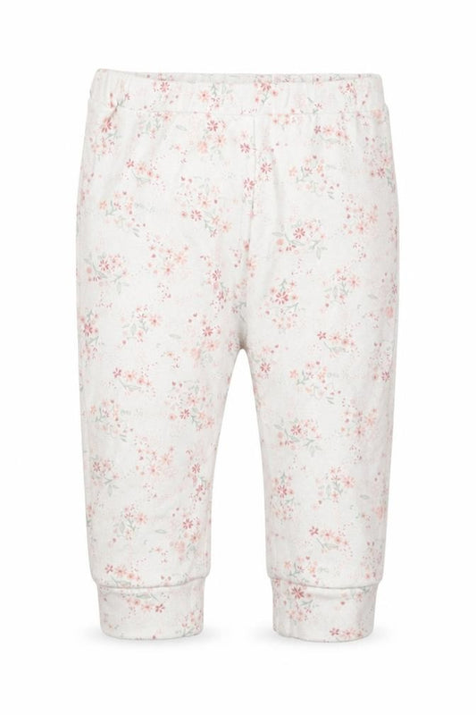 Front view of mamas & papas girls’ white floral cotton sweatpants, size 6-9, months - pyjama pants