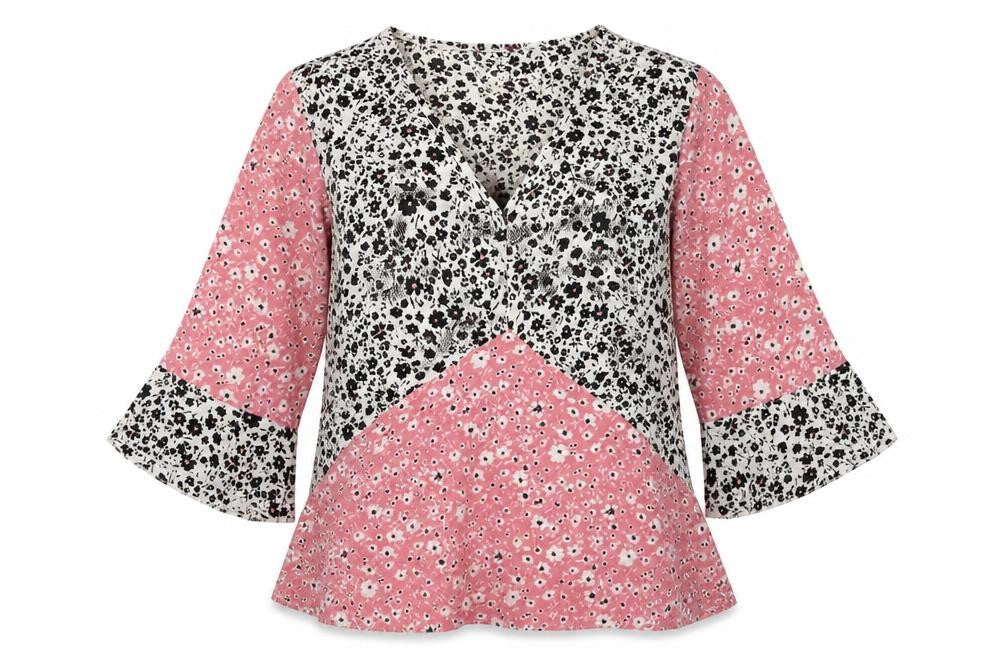 Wednesday Girl Womens Pink Floral Polyester Basic Blouse Size XS V-Neck