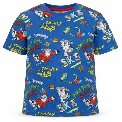 Blue Zoo Boys Blue Geometric Cotton Basic T-Shirt Size 6-7 Years Round Neck Pullover - Christmas