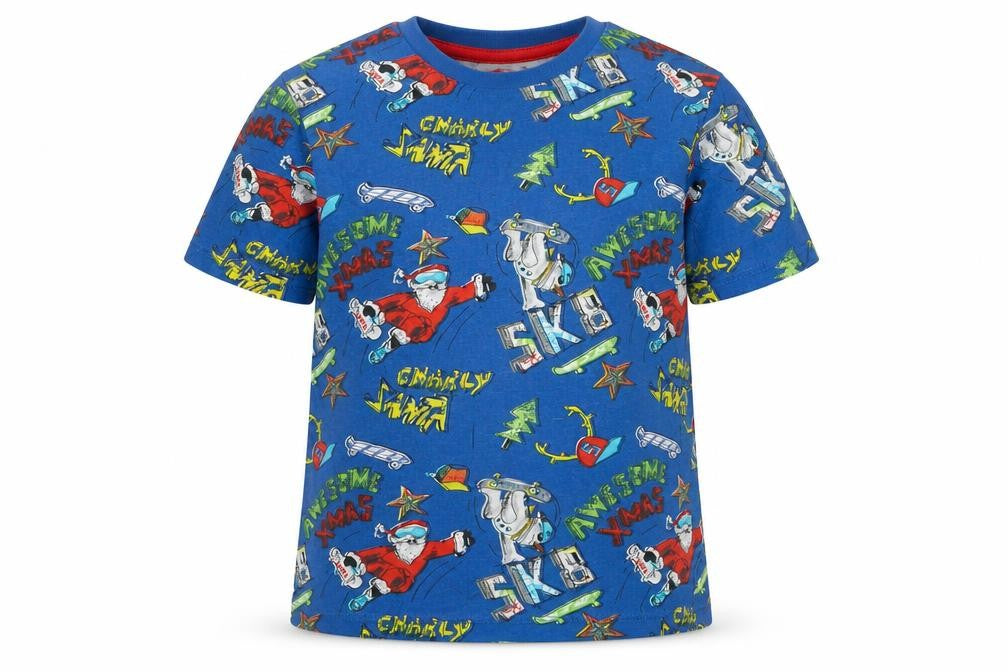 Blue Zoo Boys Blue Geometric Cotton Basic T-Shirt Size 6-7 Years Round Neck Pullover - Christmas