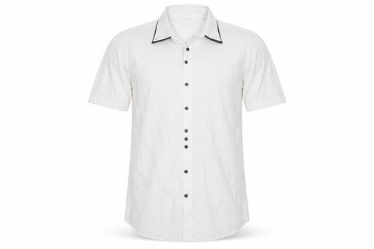 Front view of Debenhams men’s white polyester button-up, size L, collared button