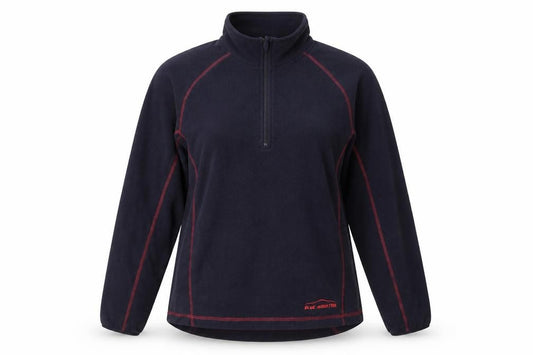 Front view of Blue Mountain women’s blue polyester pullover sweatshirt, size L, zip