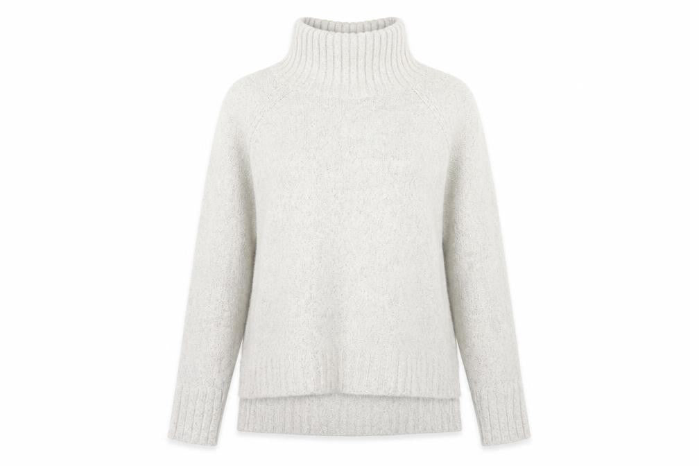 Front view of H&M women’s beige roll neck polyester jumper, size XS