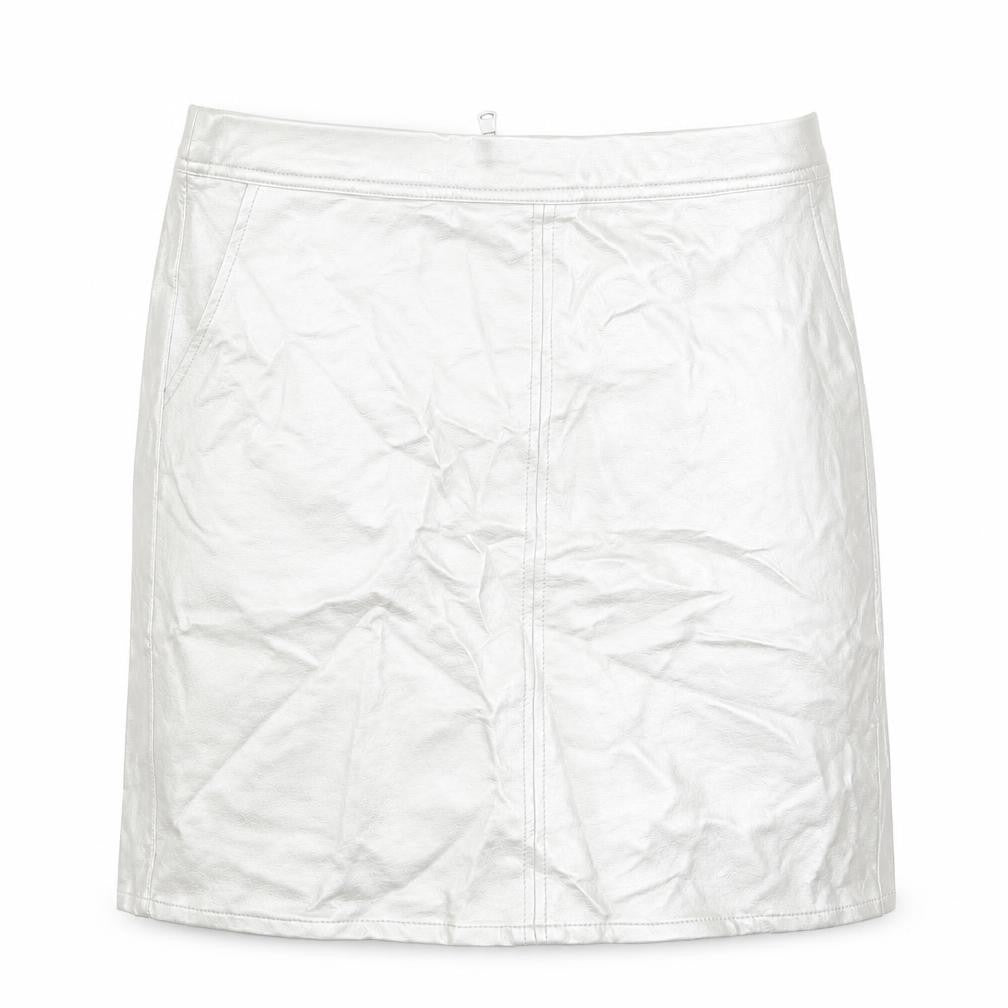 Front view of New Look girls’ silver polyurethane mini skirt, size 13, years regular zip