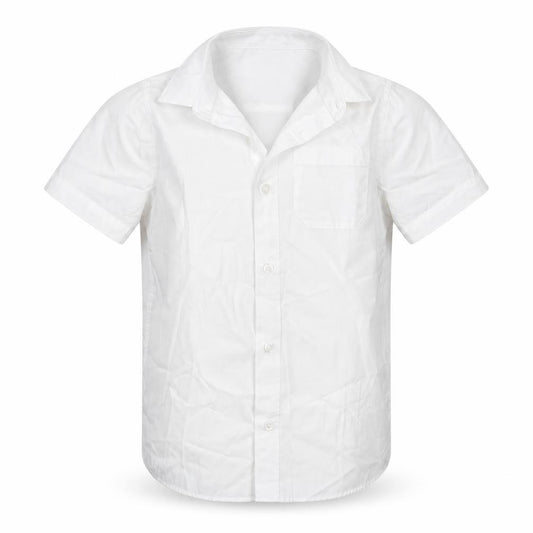 Front view of F&F boys’ white polyester basic button-up, size 8-9, years collared button