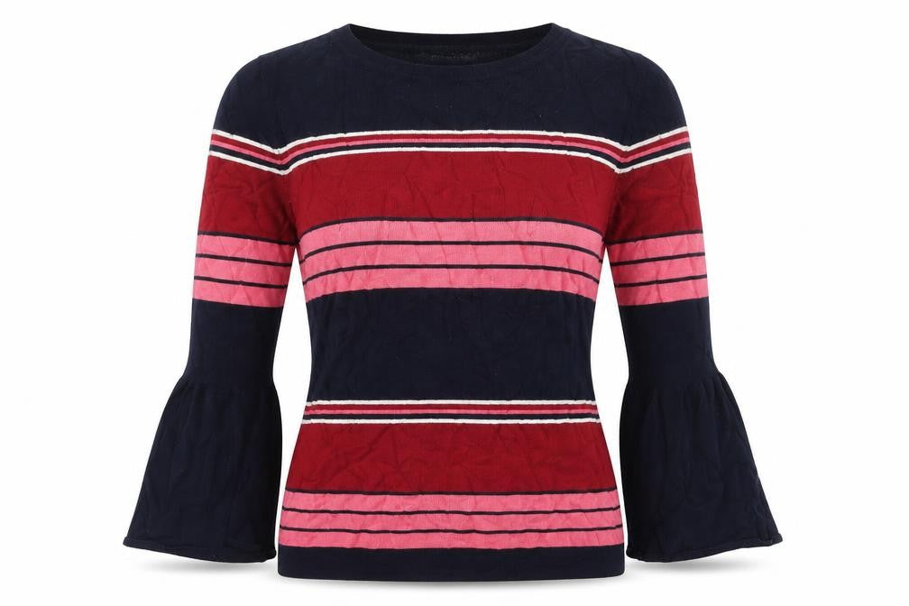 Front view of Principles women’s pink round neck striped viscose jumper, size UK 8