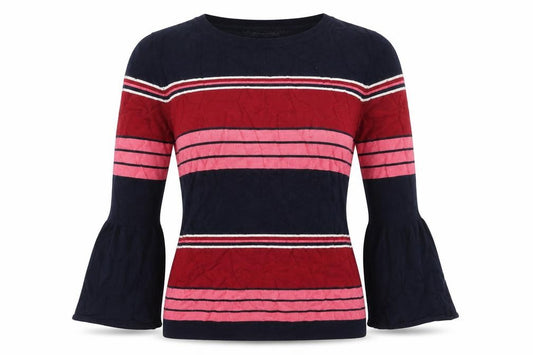 Front view of Principles women’s pink round neck striped viscose jumper, size UK 8