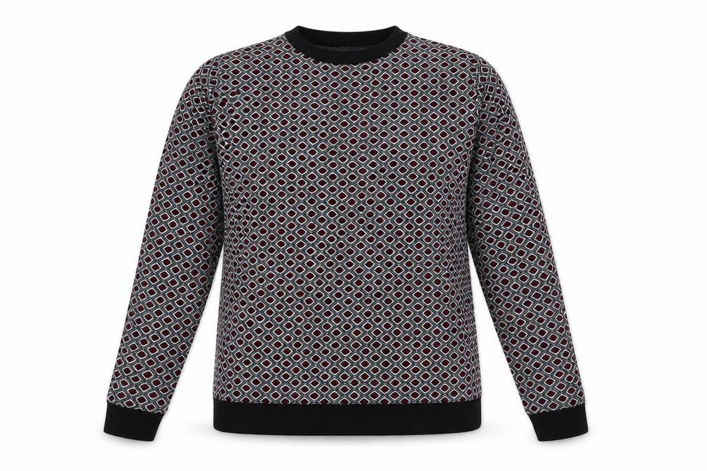 Front view of Matalan women’s red crew neck geometric nylon jumper, size UK 8