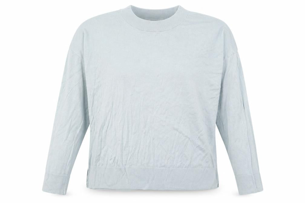 Front view of H&M women’s blue crew neck viscose jumper, size L