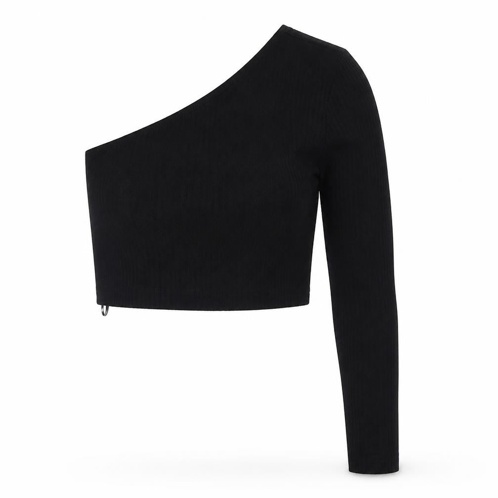Front view of SHEIN women’s black polyester cropped blouse, size M, one shoulder