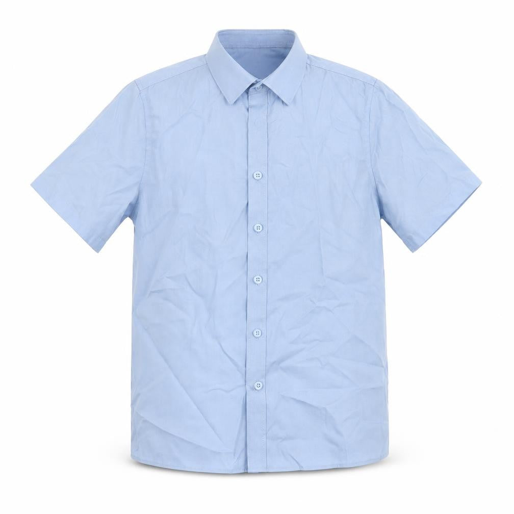 Front view of Marks & Spencer boys’ blue polyester basic button-up, size 10-11, years collared button - school wear