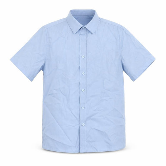 Front view of Marks & Spencer boys’ blue polyester basic button-up, size 10-11, years collared button - school wear