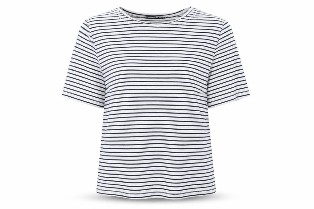Front view of Atmosphere women’s blue striped polyester basic t-shirt, size UK 10, round neck
