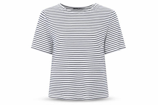 Front view of Atmosphere women’s blue striped polyester basic t-shirt, size UK 10, round neck