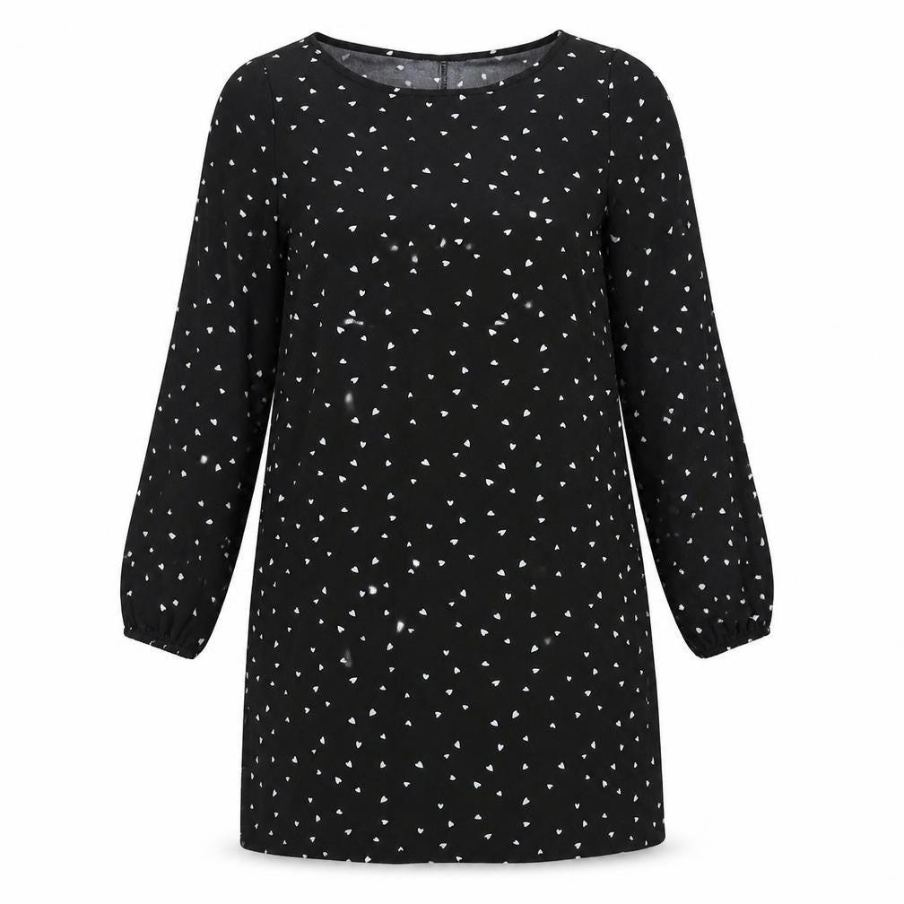 Front view of SHEIN women’s black polyester shift, size M, round neck pullover - love hearts