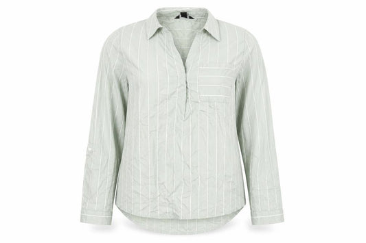 Front view of New Look women’s green striped viscose basic blouse, size UK 6, collared