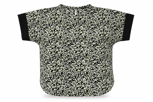 Front view of Dunnes women’s black geometric polyester jersey blouse, size M, round neck