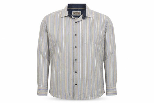Front view of Remus Uomo men’s multicoloured striped cotton button-up, size 2XL, collared button
