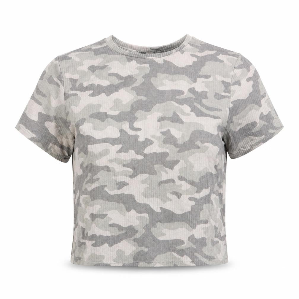 Primark Womens Grey Camouflage Polyester Cropped T-Shirt Size 10 Round Neck