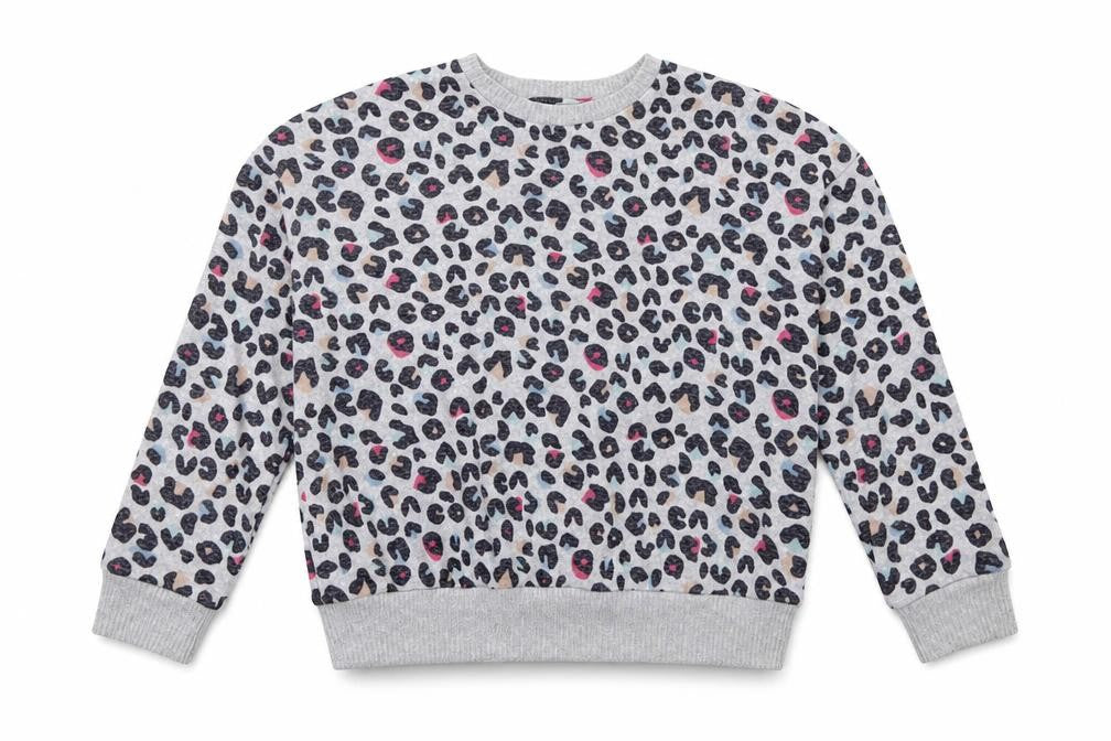 Front view of Marks & Spencer girls’ grey animal print viscose pullover sweatshirt, size 11-12, years