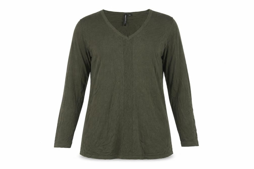 Front view of Capsule women’s green v-neck viscose jumper, size UK 12