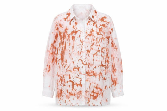 Front view of Boohoo women’s white geometric polyester tunic button-up, size UK 6, collared