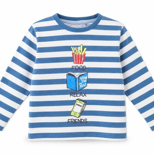 Cool Club Boys Blue Striped Cotton Basic T-Shirt Size 4 Years Crew Neck Pullover - Food, Relax