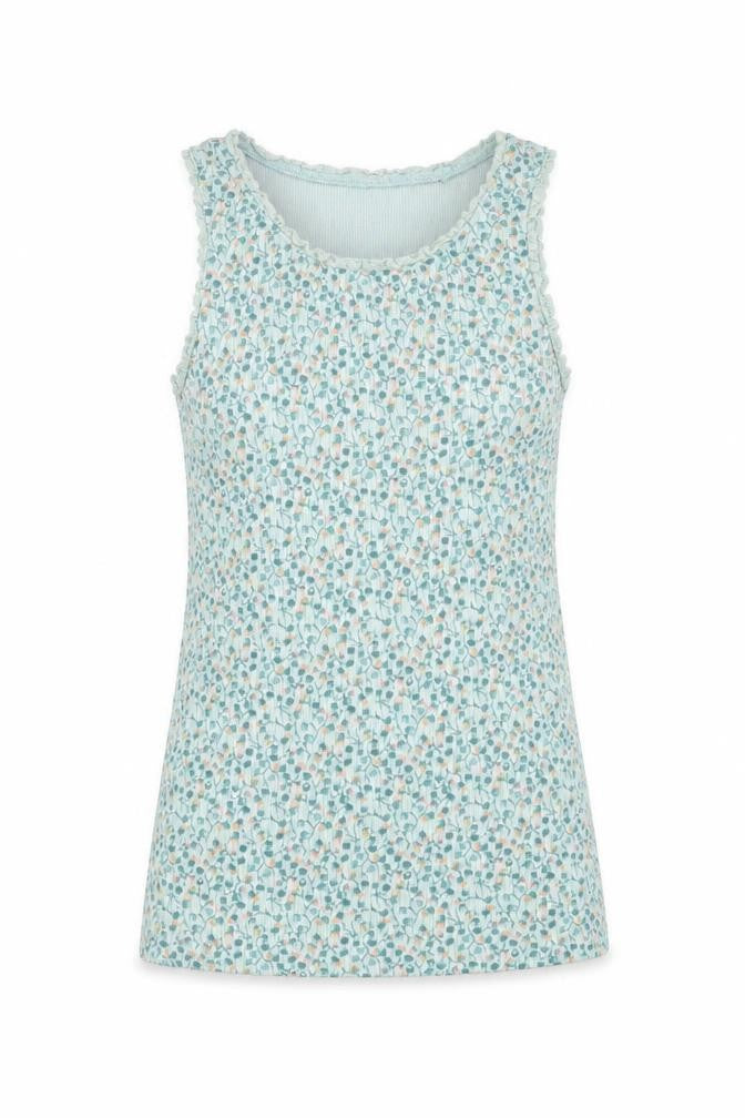 Front view of Next girls’ green floral cotton basic tank, size 9, years crew neck pullover