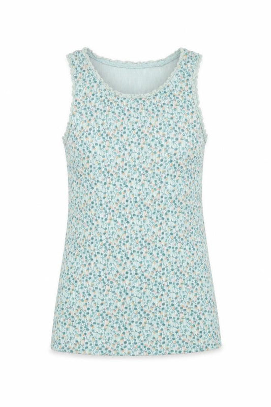 Front view of Next girls’ green floral cotton basic tank, size 9, years crew neck pullover