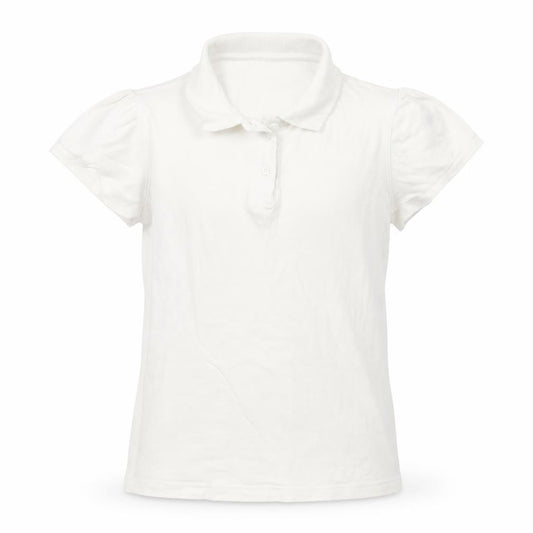 Front view of George girls’ white cotton basic polo, size 13-14, years collared button - school wear