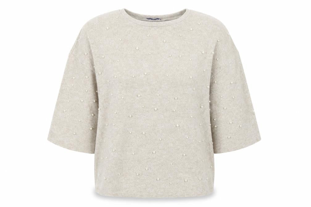 Front view of Zara women’s beige crew neck viscose jumper, size M