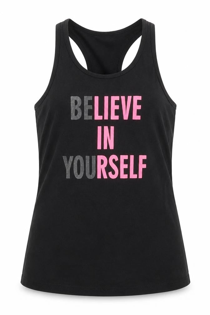 Front view of Young Dimension girls’ black cotton basic tank, size 10-11, years round neck pullover - believe in yourself