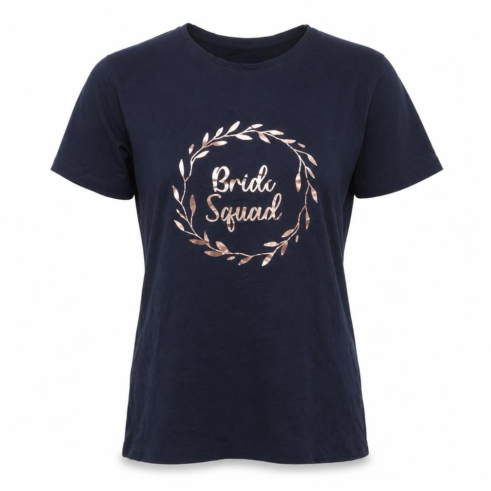 Front view of Dunnes women’s blue cotton basic t-shirt, size M, crew neck - bride squad