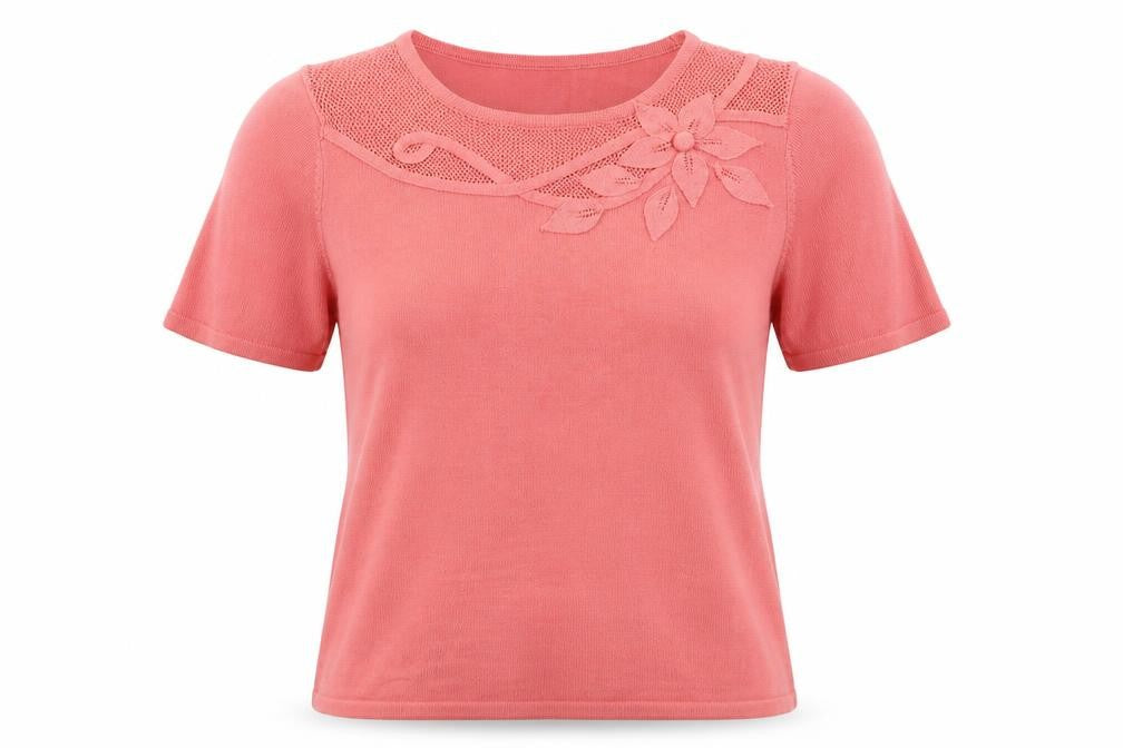 Front view of Bonmarché women’s pink crew neck acrylic jumper, size M