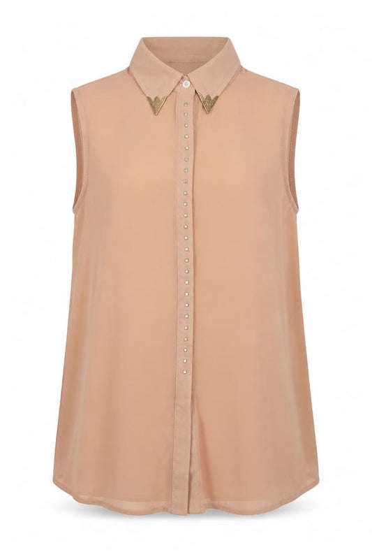 Front view of Zanzea women’s pink polyester basic button-up, size M, collared